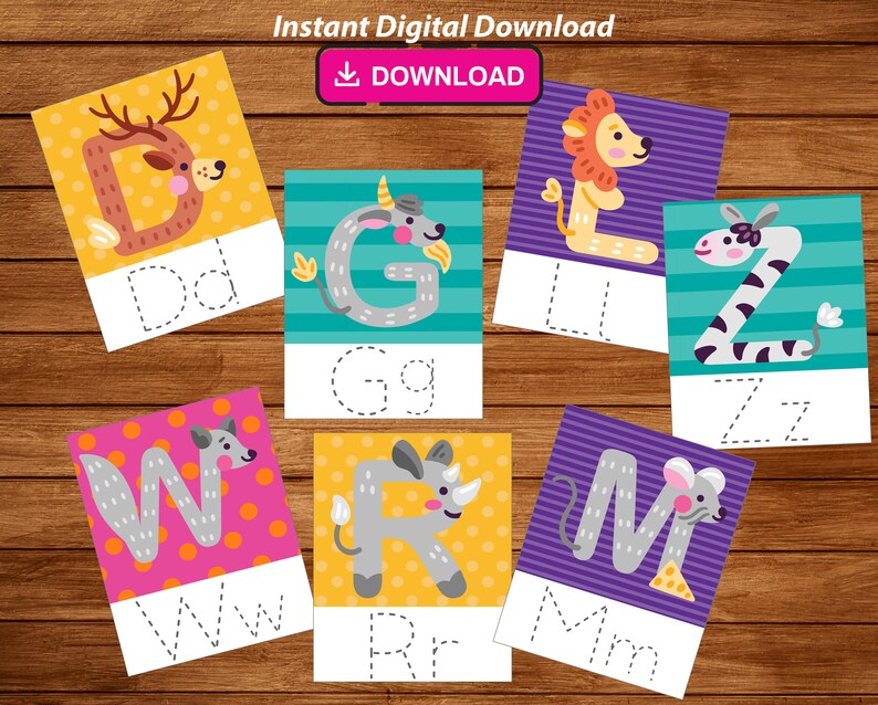 K&ouml;nnte beinhalten: Ein Satz von acht druckbaren Alphabet-&Uuml;bungskarten mit Tierillustrationen. Jede Karte hat einen bunten Hintergrund und eine gepunktete Linie zum Nachzeichnen des Buchstabens. Die Buchstaben sind D, G, L, Z, W, R, M und die entsprechenden Kleinbuchstaben.