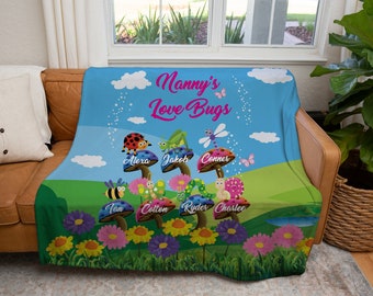 Nana's Love bugs Blanket, Blankets For Grandma, Cute Bugs blanket, Gifts From Kids to grandma, Nana, Gigi, Maw, Sherpa Lined