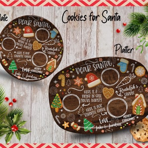 May include: Two wooden Christmas cookie platters with a brown woodgrain finish. The smaller plate is round and the larger plate is oval. Both platters have a white inscription that says "Dear Santa" and include a space for cookies, milk, and a carrot for Rudolph. The inscription on the smaller plate says "Love, Jake & Jordan" and the inscription on the larger plate says "Love, Jake & Jordan".