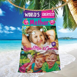 Mothers day beach towel,  Custom mom beach towel, worlds greatest mother beach towel, custom with names, 2 photo towel,