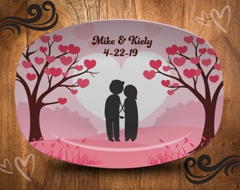 Valentines Couples Plate or Platter, Personalized Couples Serving Plate/Wedding Plate/Floral Valentines Day Platter/Couples Silhouette Plate