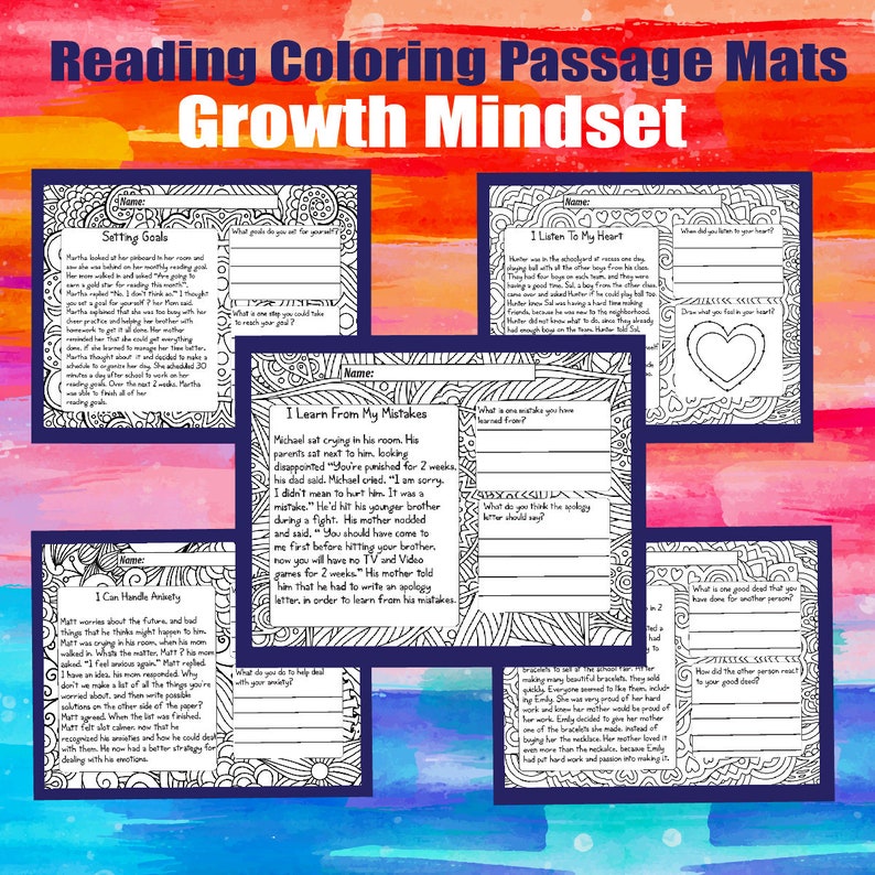 May include: Black and white coloring pages with a growth mindset theme. Each page features a different scenario with a question to answer and space to write. The pages include titles like "Setting Goals", "I Learn From My Mistakes", "I Can Handle Anxiety", "I Listen To My Heart".