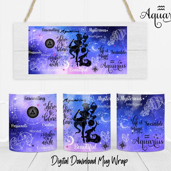 Aquarius Zodiac Positive Affirmation Mug SVG/Horoscope Mug Wrap SVG/Zodiac Symbols SVG/Astrology Aquarius Mug Wrap/Star Sign Mug Wrap