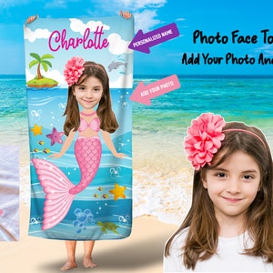 Mermaid photo towels/Kids personalized Photo Face beach towel/custom photo face towels/mermaid beach towels/Girls beach towel/Free Shipping