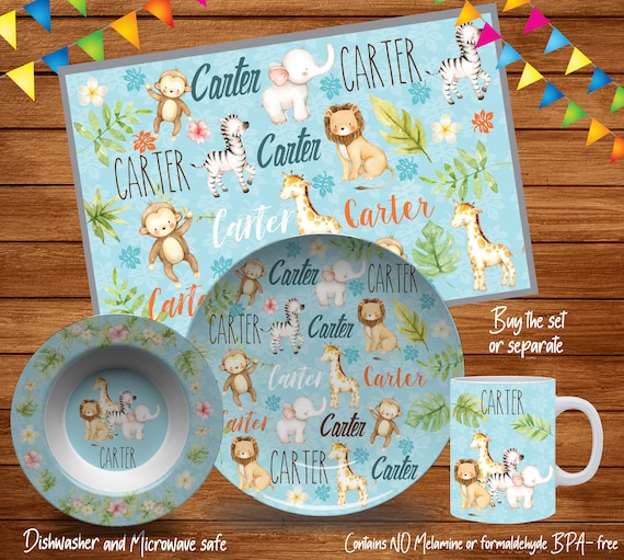 Personalized Safari Plates/Plate for Kids/Safari Animal Dinnerware/Custom Kids Tableware/ Microwave Safe,Plate, Bowl, Mug Placemat Il_570xn