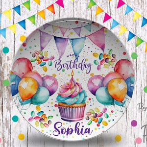Happy Birthday Plate/Personalized Birthday Plate/Girls Bday Party Plate/First Birthday Gift Girl/ Cupcake Birthday Plate/Girls 1st Birthday