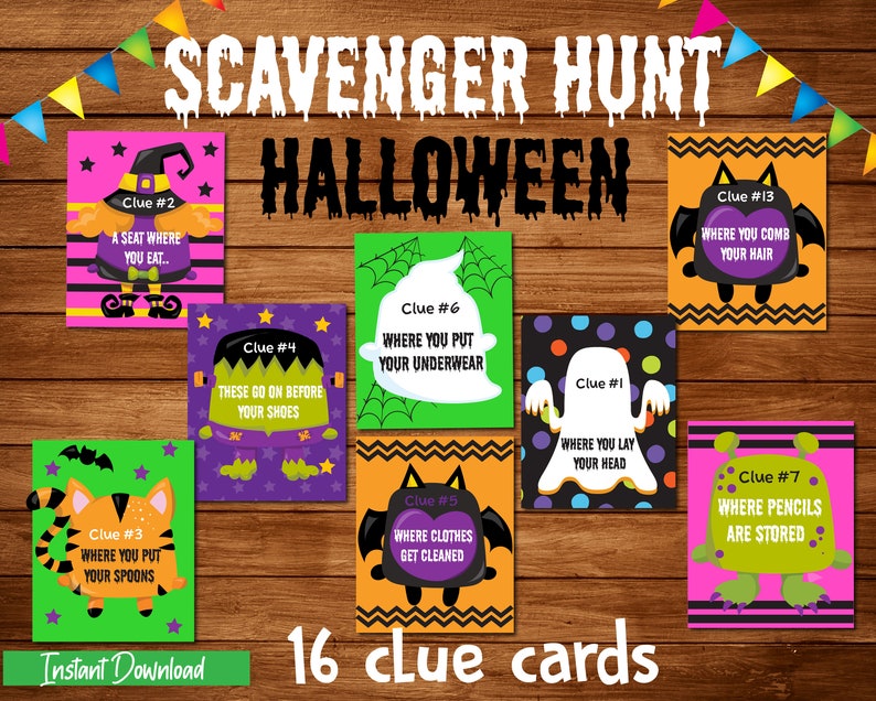 May include: A set of 16 Halloween-themed scavenger hunt clue cards. Each card features a different monster or character with a clue written on it. The cards are printed on bright pink, green, orange, and purple backgrounds.