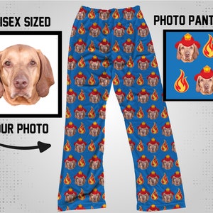 May include: Blue photo pants featuring a repeating pattern of a dog in a firefighter's hat and flames. The text "UNISEX SIZED" and "YOUR PHOTO" are on the left. The text "PHOTO PANTS" is on the right.
