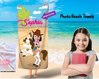 Cowgirl face photo towels/Kids personalized beach towel/custom cow photo face towels/horse beach towels/Girls beach towel/Free Shipping