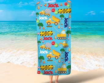 Construction boys beach towel/Trucks beach towel/kids personalized beach towel/dump truck beach towels/boys beach towel/Free Shipping