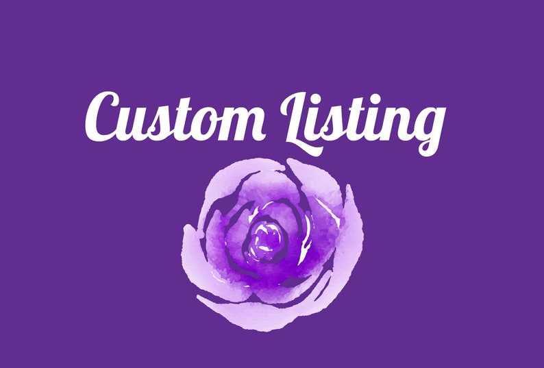 Puede incluir: Ilustraci&oacute;n de acuarela p&uacute;rpura de una rosa con el texto "Custom Listing" en blanco.