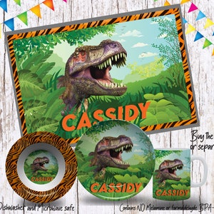 Dinosaur Children&#39;s Plate, Personalized Plate, Bowl, Mug & Placemat, T-Rex Custom Kid&#39;s Tableware, Boys Plates, Kids Dino plate
