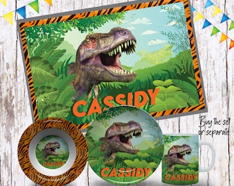 Dinosaur Children's Plate, Personalized Plate, Bowl, Mug & Placemat, T-Rex Custom Kid's Tableware, Boys Plates, Kids Dino plate