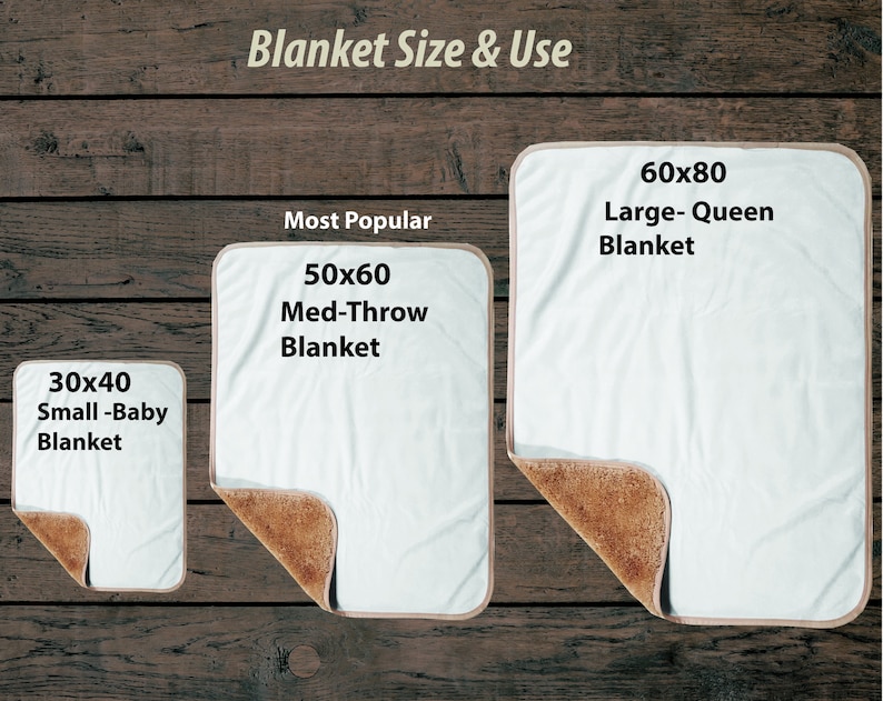 May include: Three white blankets with brown trim, showing the different sizes available: 30x40 inches, 50x60 inches, and 60x80 inches. The blankets are labeled with their size and use, such as "Small-Baby Blanket" and "Large-Queen Blanket".