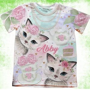 Tea Party Birthday T-shirt, Pretty Cat Birthday Girls Shirt/Pink & Gold Floral Par-Tea T-shirt/Kids Birthday Shirts/Onesie®,Youth and Adult