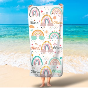 Boho Rainbow spersonalizowany ręcznik/Ręcznik plażowy dla dzieci/Ręczniki plażowe dla dziewczynek Rainbow/Ręczniki kąpielowe dla dziewczynek Boho Rainbow/Ręczniki kąpielowe dla dziewczynek z imieniem/Darmowa wysyłka