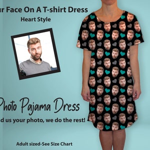 Face Pajama Dress, Photo Pet or Human Face Pajama Dress, Boyfriend PJS,  Custom T-Shirt Dress, Photo Night Gown, Photo Pajamas