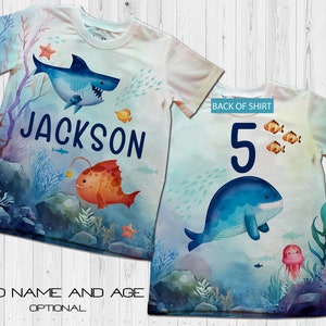 Haai verjaardag T-shirts/onder de zee verjaardag shirt/zee dieren partij/zee aquarium familie bday shirt/zee verjaardag shirt/oceaan dieren partij