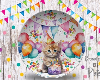 Happy Birthday Plate/Personalized Kitten Birthday Plate/Cat Bday Party Plate/First Birthday Kitten Plate/Cake Birthday Plate/Birthday Cat