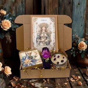 Virgo Zodiac Gift Set/Astrology Self-Care Kit/Handcrafted Birthday Box/Mindfulness Sticker Journal/Virgo Necklace Keepsake Box/Smudge Candle
