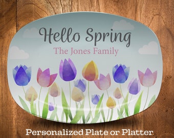 Hello Spring Plate or Platter, Spring Family Serving Plate, Housewarming Platter, Tulips Custom Platter or Plate