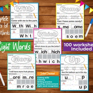 May include: A set of 100 printable worksheets for learning sight words. The worksheets feature colorful designs and include activities like tracing, writing, and cutting out letters. The words featured are "with", "some", "which", "more", and "up".