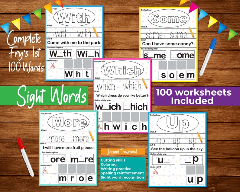 May include: A set of 100 printable worksheets for learning sight words. The worksheets feature colorful designs and include activities like tracing, writing, and cutting out letters. The words featured are "with", "some", "which", "more", and "up".