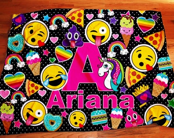 Emoji name blankets, Personalized Pizza blankets, girls fast food bedding, donuts blanket, Custom bedding for girls, initial blanket