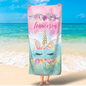 Personalized unicorn horn towel/Kids beach towel/Girls beach towels/Girls unicorn bath towels/Magical unicorn girls towels/Free Shipping