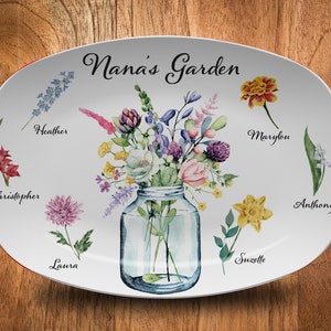 Birth Month Flower Plate, Personalized Family Platter, Flowers In Jar, Custom Gift, Grandma's Nana, Garden, Grandparent Gift from Grandkids