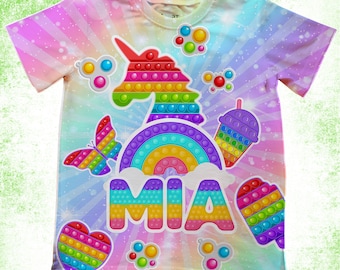 Girls Pop It Birthday T-shirt/Bubble Pop Toy Fidget T-Shirt /Tie Dye Popper Fidget T-Shirt/Pop It Party Decor/Rainbow Unicorn/Youth, Adult