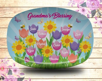 Grandma's Blessing Serving Platter, 10x14 Platter, Tulips Platter, Grandkids Name on Platter, Serving Platter, Gift for Nana, Mom, Nonna