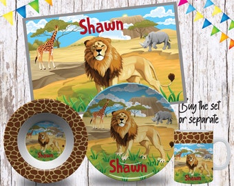 Personalized Safari Plates/Plate for Kids/Safari Animal Dinnerware/Custom Kids Tableware/ Microwave Safe,Plate, Bowl, Mug  Placemat