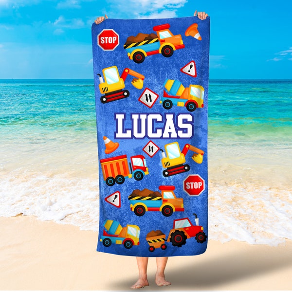 Construction boys beach towel/Trucks beach towel/kids personalized beach towel/dump truck beach towels/boys beach towel/Free Shipping