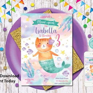 Purrmaid Birthday Party invitations Cat mermaid Birthday corjl invitation Printable meowmaid kitten mercat -INSTANT DOWNLOAD - EDITABLE