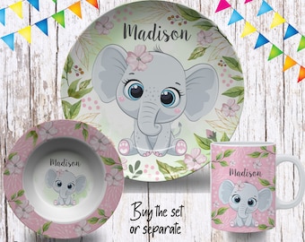 Baby Elephant Plate/Custom Plate for Kids/ Girls Elephant Dinnerware/Custom Kids Tableware/ Microwave Safe,Plate, Bowl, Mug