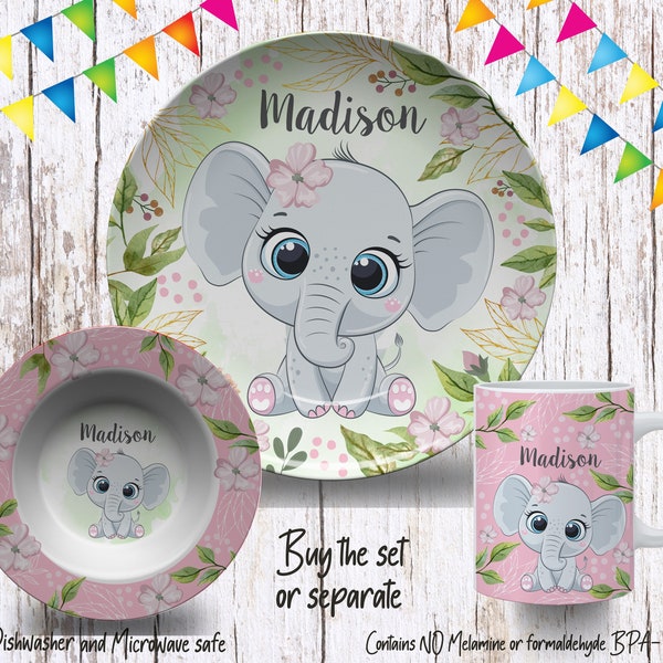 Baby Elephant Plate/Custom Plate for Kids/ Girls Elephant Dinnerware/Custom Kids Tableware/ Microwave Safe,Plate, Bowl, Mug