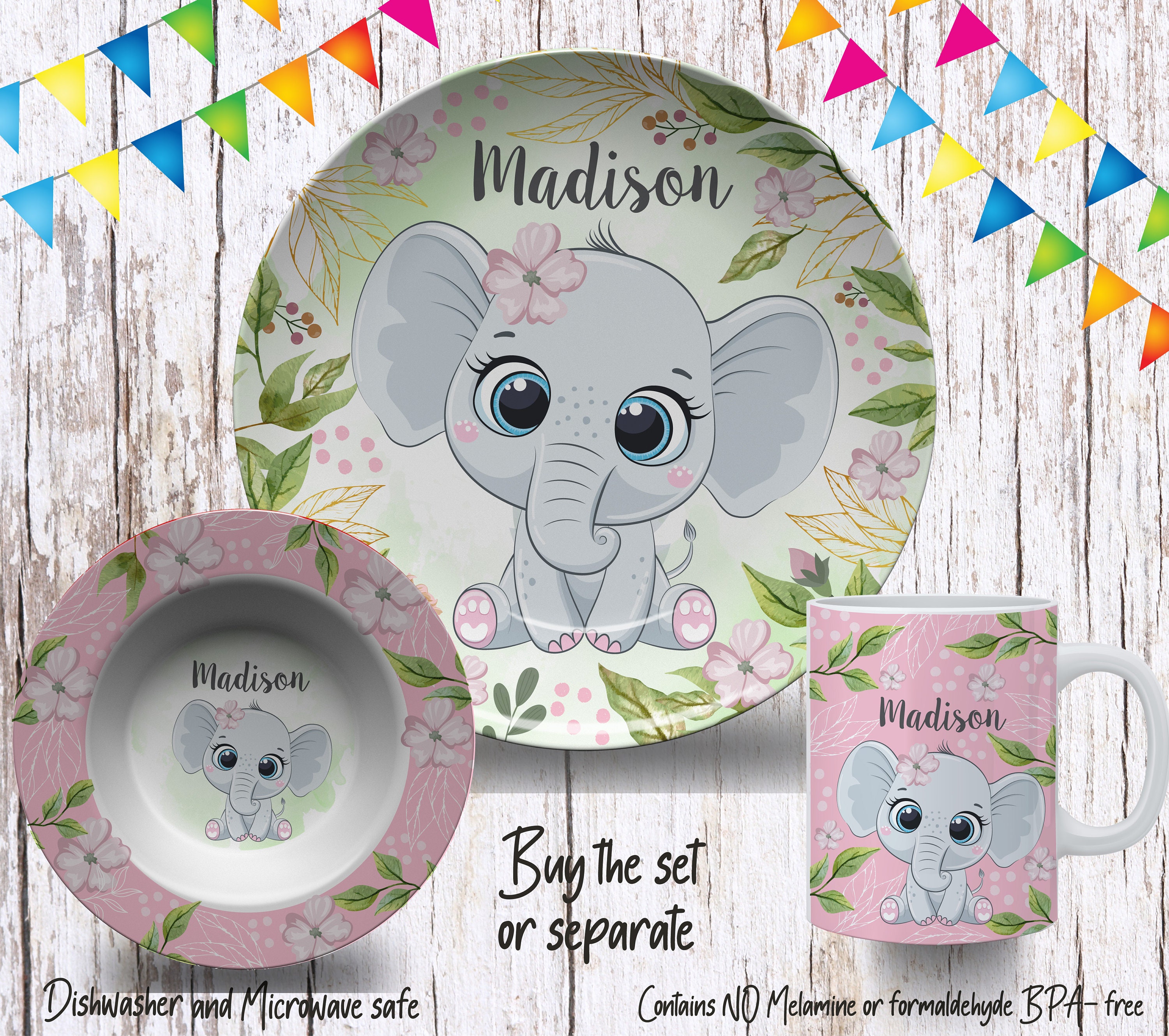 Baby Elephant PlateCustom Plate for Kids Girls Elephant DinnerwareCustom Kids Tableware Microwave SafePlate Bowl Mug
