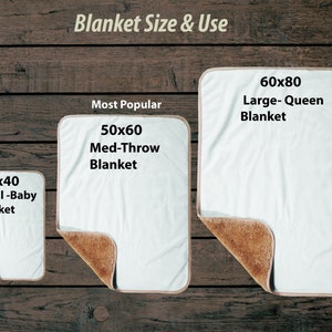 May include: Three white blankets with brown trim, showing the different sizes available: 30x40 inches, 50x60 inches, and 60x80 inches. The blankets are labeled with their size and use, such as "Small-Baby Blanket" and "Large-Queen Blanket".
