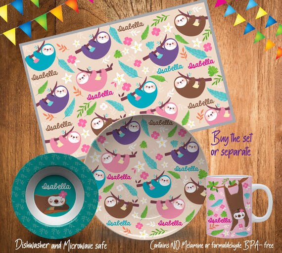 Personalized Sloth Plate/Custom Plate for Kids/ Sloth Dinnerware/Custom Kids Tableware/ Microwave Safe, Sloth Plate/ Bowl/Mug/Placemat Il_570xn