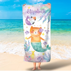 Cat mermaid towel/Kids beach towel/Girls beach towels/Girls mermaid bath towels/Magical mermaid girls towels/Free Shipping