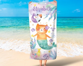 Kat zeemeermin handdoek / Kids strandlaken / Meisjes strandlakens / Meisjes zeemeermin badhanddoeken / Magische zeemeermin meisjes handdoeken / Gratis verzending