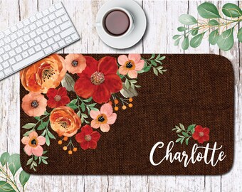 Personalized Desk Mat, Custom Desk Pad, Personalized Desk Cushion Pad, Monogrammed Desk Blotter Mat, Mouse Pad, Tan/ Brown, Orange Floral