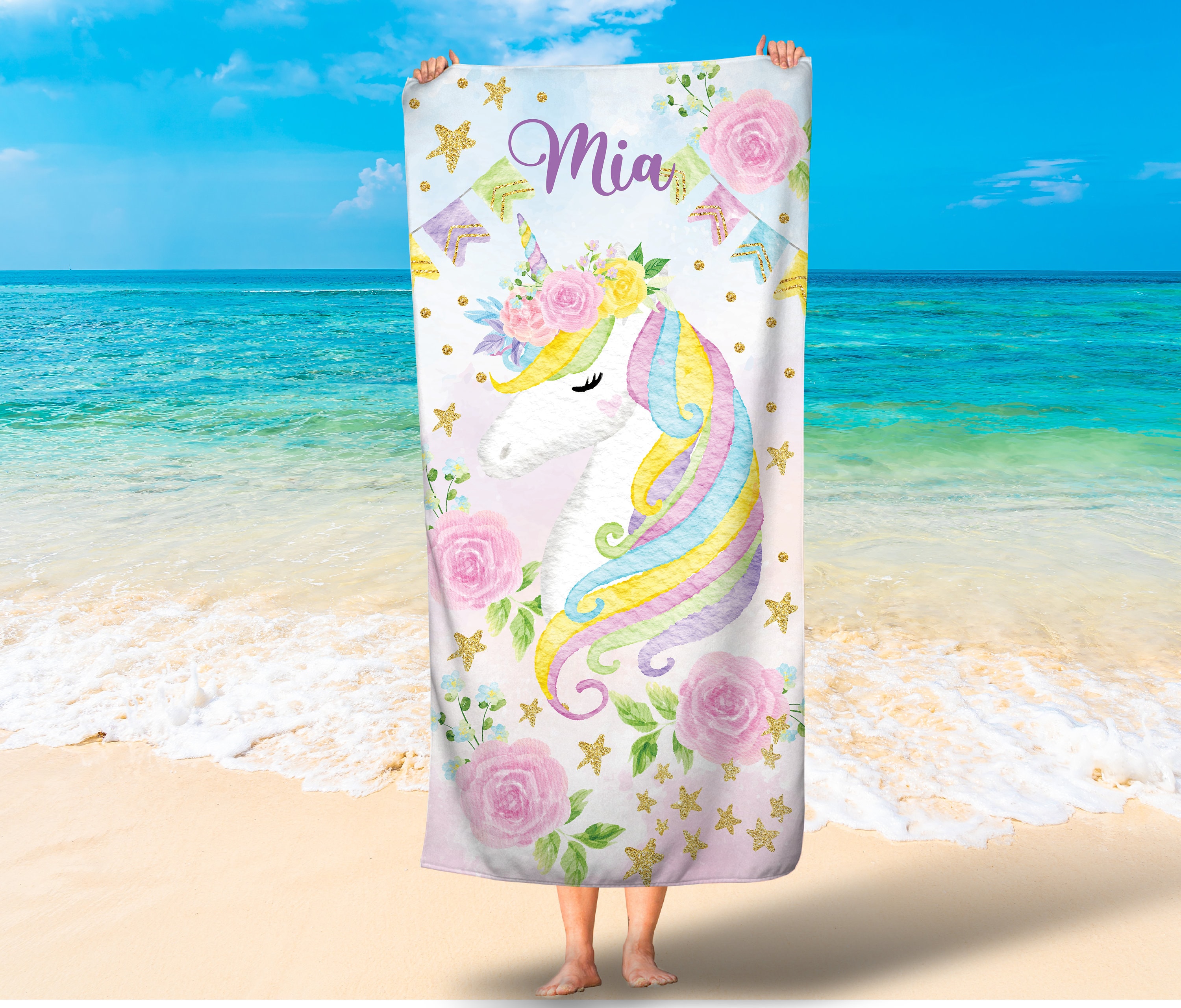 Toallas de playa personalizadas para bebé niña con nombre para niños y  adultos, toalla de baño de algodón con flores de acuarela personalizada con
