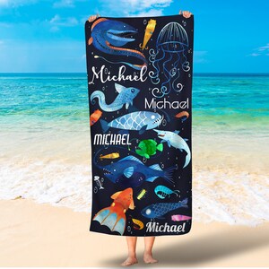 Sea creatures beach towel/under the sea towel for beach/Deep Sea boys beach towel/Gaint whip, shark, viperfish towel/sea animal/fish towel