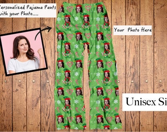 Elf Face Pants, Christmas Photo Pajama Pants, Xmas Face Pants, Pet, Human Face Pants, Personalized Xmas Gift, Custom Face Print Pajamas