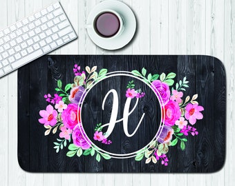 Initial Desk Mat, Custom Desk Pad, Personalized Desk Cushion Pad, Monogrammed Desk Blotter Mat, Large Mouse Pad, Black Wood Floral