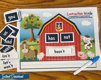 Contraction Activity, Learning To Read, Spelling Practice, Printable Reading Game, Phonics For Kids, Homeschool Worksheet, Farm House Game