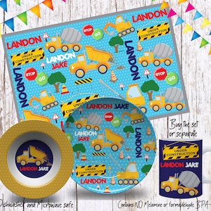 Construction Plate Set/Construction Dinnerware/Custom Kids Tableware/ Trucks Plate set/Microwave Safe,Plate, Mug/Custom Plate for Kids/