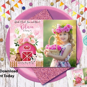 Farm Photo Birthday Invitation/Barn Animals Party Invite Template/Ranch Kids Birthday/Girls Barnyard Animals/Instant Download/EDITABLE